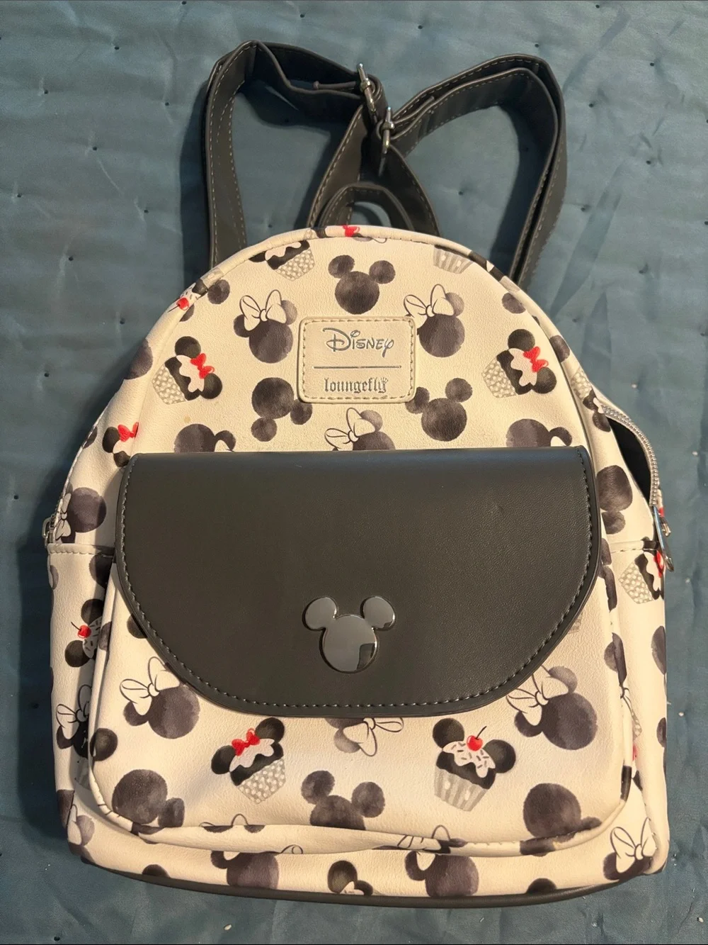 Loungefly White Minnie & Mickey Cupcake Mini Backpack with Black Flap